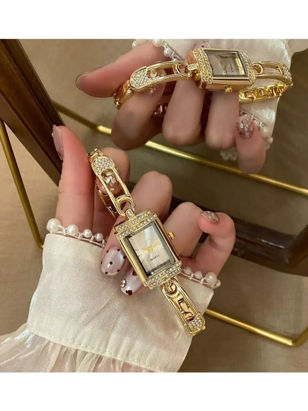 Women's Gold White Vintage Rectangular Bracelet Luxury Crystal Quartz Wristwatch
